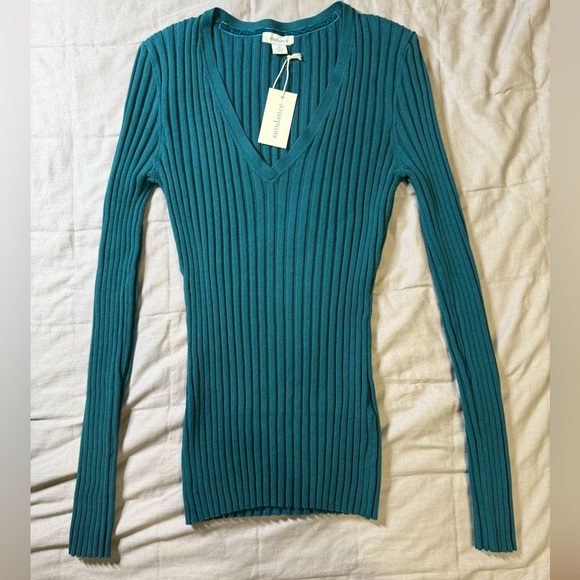 Sundance Tops - Sundance Ribbed V-Neck Sweater Top, Teal Blue, Organic Cotton Blend, Size Medium